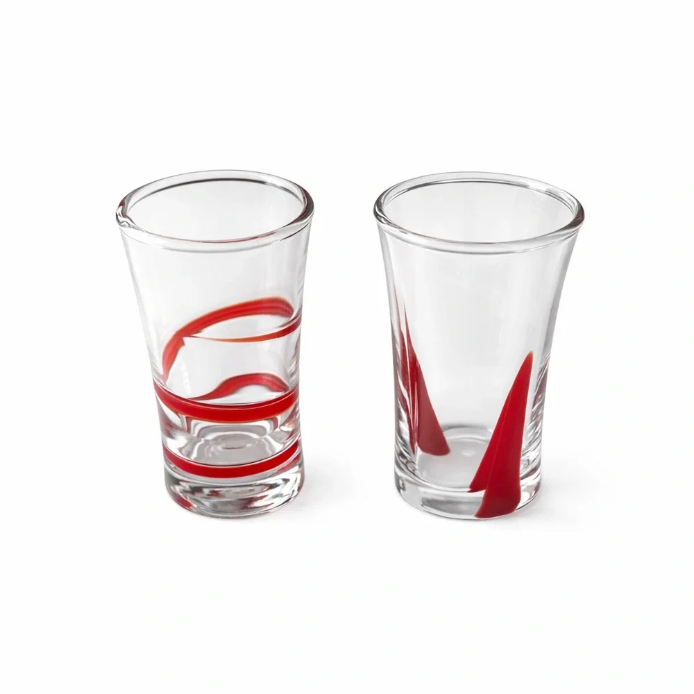 Pier 1 Imports Shot Glass Set Red Art Glass Tray Modern Bar Barware 7pc